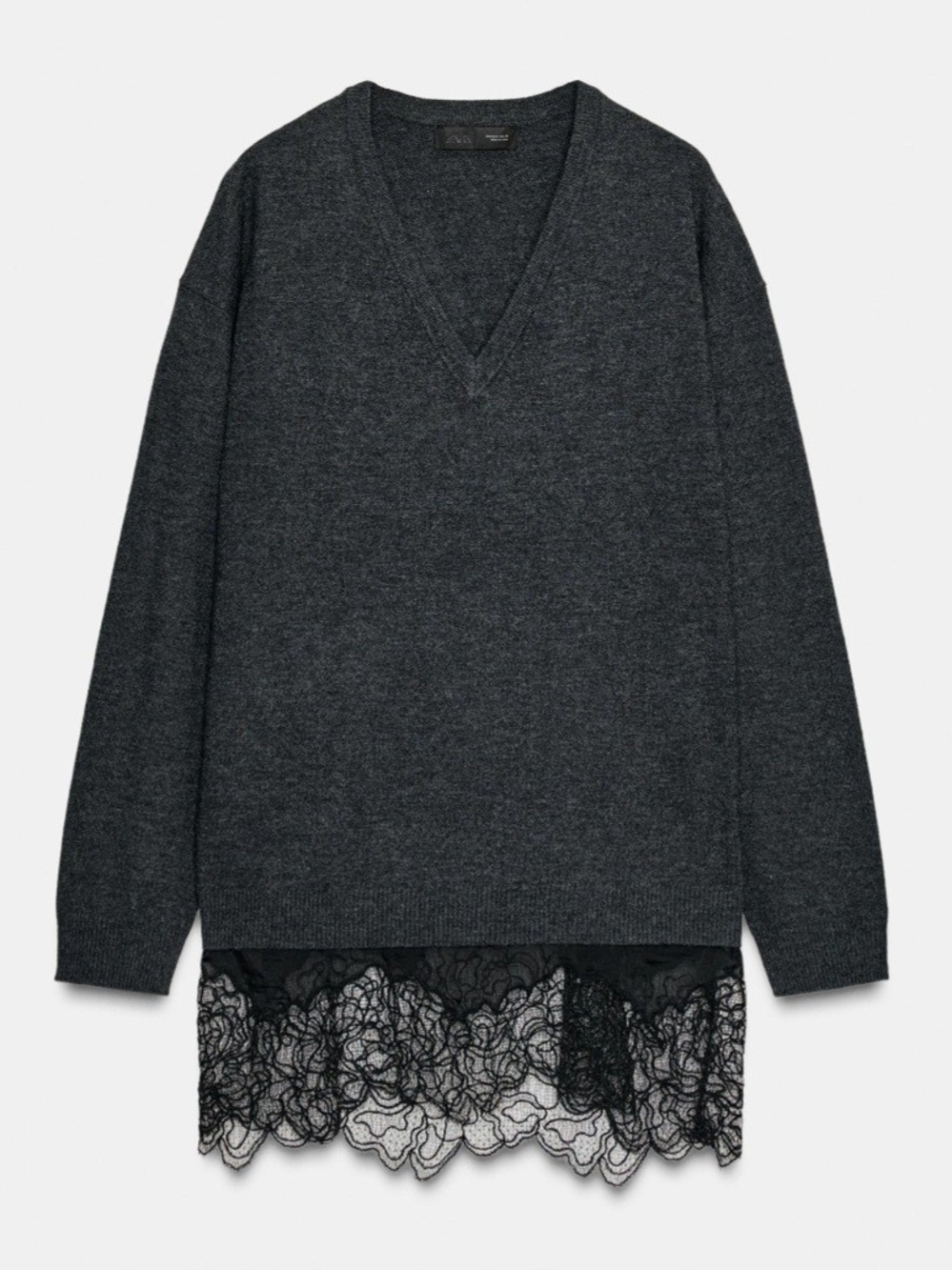 Zara Dark Charcoal V-Neck Sweater with Black Lace Hem